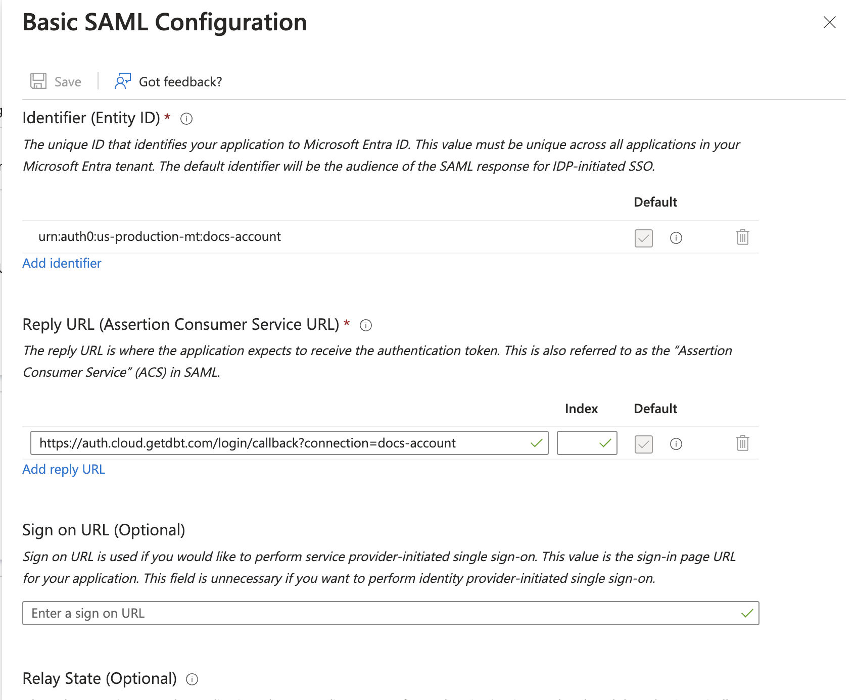 Editing the SAML configuration window in Entra ID